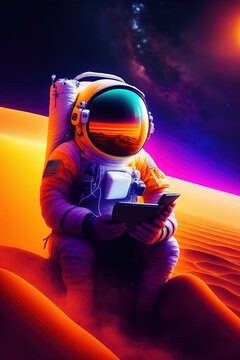 Astronaut taking a selfie with a big smartphone in Mars. Generative AI