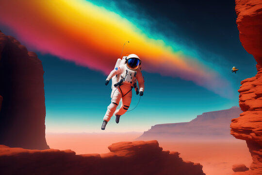 Astronaut flying on Mars surface. Generative AI