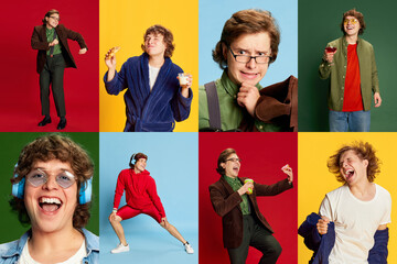 Obraz premium Photo set collage of portraits of emotional young man in diverse clothes expressing only positive happy emotions. Concept of fashion, emotions, lifestyle