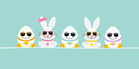 Sitzende Weiße Osterhasen Junge & Mädchen Mit 3 Ostereiern Sonnenbrille Banner Türkis