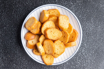 croutons for salad dried flavored bread fresh healthy meal food snack on the table copy space food background rustic top view