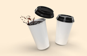 3D Realistic Two paper coffee cups with blank labels in floating over beige background
