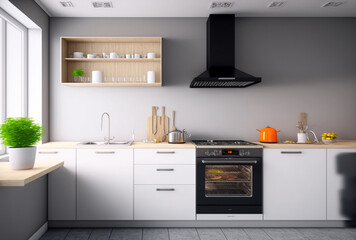 Luxury stylish modern large kitchen interior with furniture and kitchen utensils in an apartment home