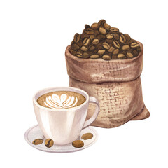 Watercolor hard roasted coffee beans in jute burlap sack and cup latte of coffee. Hand-drawn illustration isolated on white background. Perfect concept for cafe, restaurant, menu, cards, posters