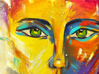 Original oil painting. Painted girl, yellow face. Contemporary wall art. Portrait.  