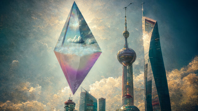 ETH dencun upgrade in the sky over the town. Ethereum dencun Shapella Shanghai update cancun-deneb, next stop after the merge. Illustration with AI contribution.