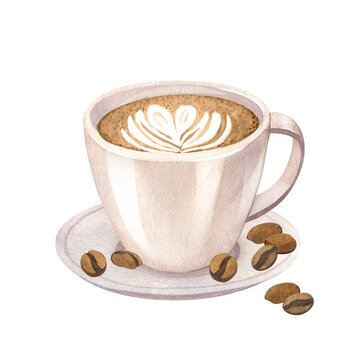 Watercolor hot coffee latte cappuccino with froth, decorated with heart of milk. Hand-drawn illustration isolated on white background. Perfect food menu, concept for cafe, restaurant element