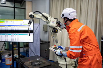 Engineer hold controller operation robot arm and test movement after programing in repair shop © Tongpool