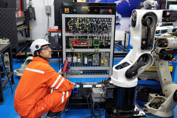 Engineer hold multimeter testing cable wiring robotic control panel at robot maintenance shop