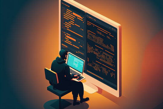 IT revolution and the development of software. software development for computers. Programmer using a virtual computer screen to work on JavaScript code. computer programming technology. Generative AI