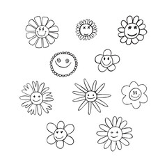 White chamomile flowers with smiling faces. Kind flowers isolated on white background. Different faces and emotions. Coloring book. Vector illustration