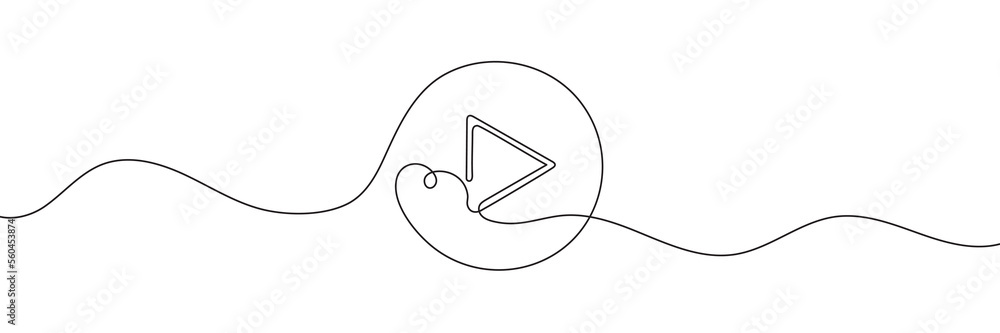 Poster the play button is drawn as a continuous single line. one continuous drawing of a play button. vecto