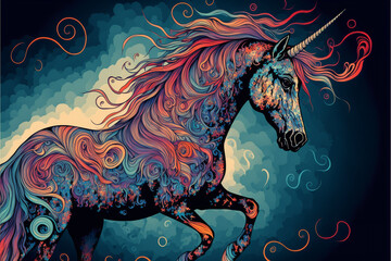 Colorfull unicorn in a psychedelic style background, generative ai.