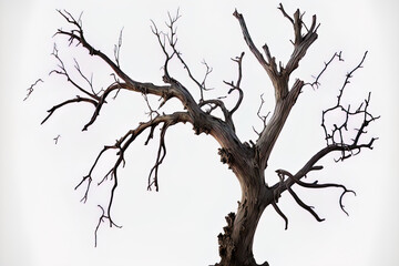 Fototapeta premium Dead tree limb with fractured, dark colored bark. lovely tree branch that has dried out, isolated on a white backdrop. one ancient, dead tree. Forest dry wooden stick, isolated on a white backdrop