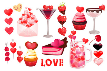 Set for Valentine's Day, Wedding, Women's Day, Mother's Day.Cake,marmalade,hearts,chocolate-covered strawberries,envelope,cocktail,cupcakes,jar with hearts.Elements for holidays.