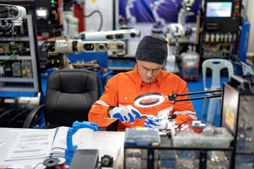 Robotic maintenance guy sit on maintenance desk use magnifier light check micro part in repair shop