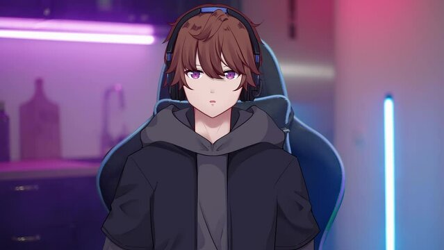 Male vtuber with headphones on gaming chair in kitchen streaming online  4K