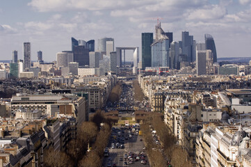 Fototapeta na wymiar View over the Avenue of la Grande Armee, Foch Avenue and la Defense business district, Paris, France