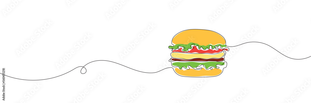 Poster one continuous line drawing of a hamburger. hamburger from one continuous line
