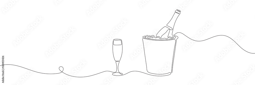 Poster a bottle of champagne in a bucket of one line. continuous line drawing of champagne bottle in ice bu