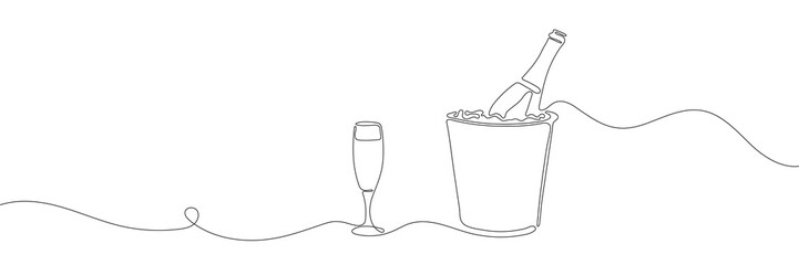 A bottle of champagne in a bucket of one line. Continuous line drawing of champagne bottle in ice bucket and glass.