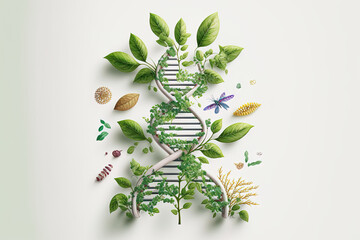 Fototapeta Biology laboratory nature and science, plant and environmental study, DNA, gene therapy, and plants with biochemistry structures on white backgrounds. Generative AI obraz