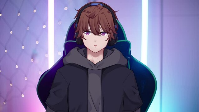Male 2D vtuber with headphones on gaming chair in bedroom streaming online 4K