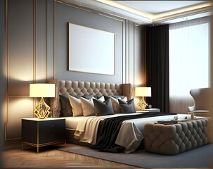Elegant modern hotel room mockup with blank poster. Bed, pillows, lamps, windows, light. Digital render. Created with generative AI.