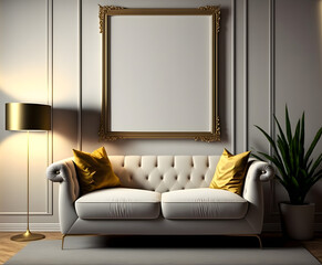 Elegant modern living room mockup with blank poster. Sofa, couch, pillows, plant, lamp. Digital render. Created with generative AI.