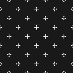 Simple minimalist floral seamless pattern in Gothic style. Black and white vector texture with small flower silhouettes, crosses. Elegant minimal monochrome ornament. Abstract dark floral background