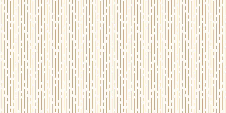Golden vertical line seamless pattern. Simple minimal vector texture with thin lines, stripes. Gold and white abstract geometric background. Elegant luxury repeat design for decor, wallpaper, print