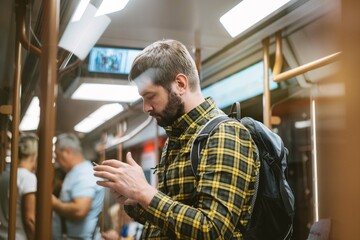 caucasian man traveling by metro, standing in subway car holding mobile telephone in hands.