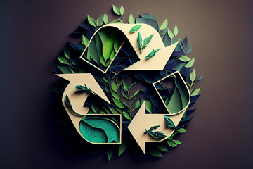 Green recycle icon eco papercut nature concept - obrazy, fototapety, plakaty