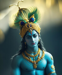 Close up portrait of Lord Krishna wearing a a crown with peacock feathers. Generative AI.