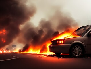 A burning car on a road. 