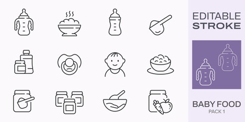 Baby food icons, such as bottle, spoon, jar, powder and more. Editable stroke. - 560457451