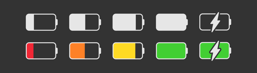 Battery icon set on dark background. UI sign. Accumulator level indicator. Charging phases illustration. Outline, flat, and colored style.