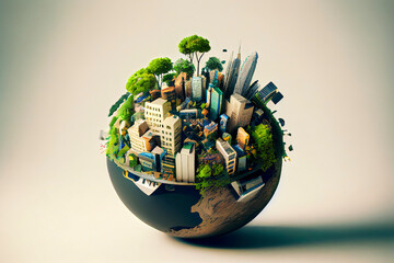 Miniature planet as concept for chaotic urban life isolated with clipping path