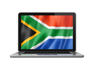 South African flag on laptop screen isolated on white. 3D illustration