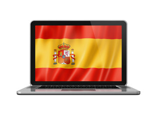 Spanish flag on laptop screen isolated on white. 3D illustration