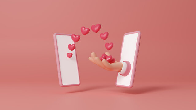 3D hands holding red hearts realistic design, giving likes hearts reaction social media, Emoticons heart for social media and smartphone application. strategy successful blogger.3d render illustration
