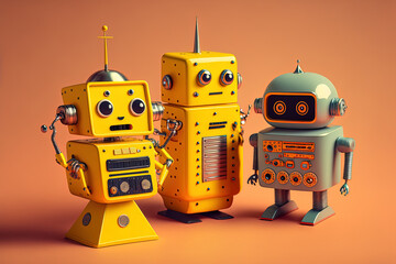 Fototapeta premium Vintage tin robot toys isolated on a yellow background. Generative AI