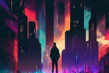 Fototapeta premium Man standing on a building and gazing at an abstract, multicolored, sci fi metropolis at night with stars. illustration. Generative AI