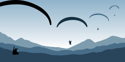 paragliding adventure flying with friends on blue mountain background at sunset