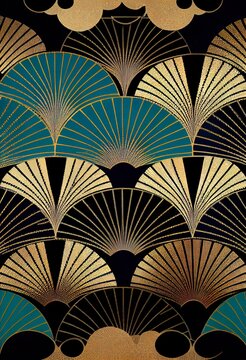 Art deco style wallpaper pattern with gold, turquoise and black.