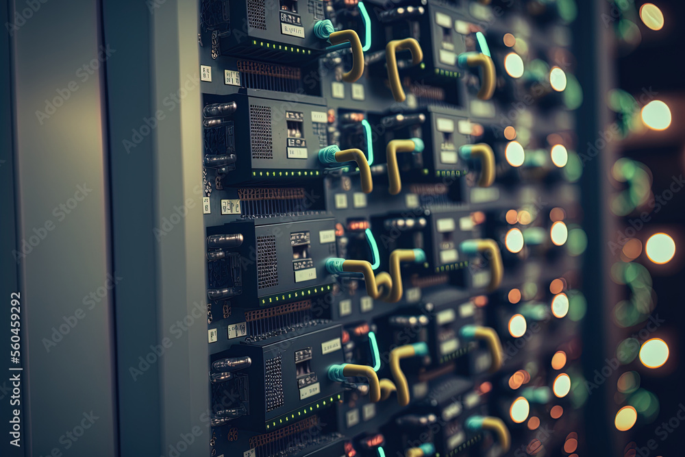 Poster a data center's cluster of server racks (shallow dof; color toned image). generative ai