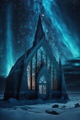Gothic cathedral with blue lights in the sky. Winter night landscape. Generative ai.