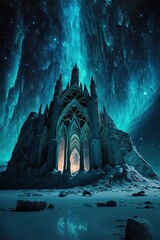 Fototapeta premium Gothic church with northern lights in the sky. Winter night landscape. Generative ai.