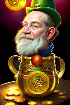 st patricks day leprechaun hiding in his port of gold. illustration. generative ai