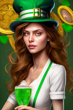 Beautiful irish woman of st patricks day wearing a leprechaun hat drinking green beer. Illustration. generative ai
